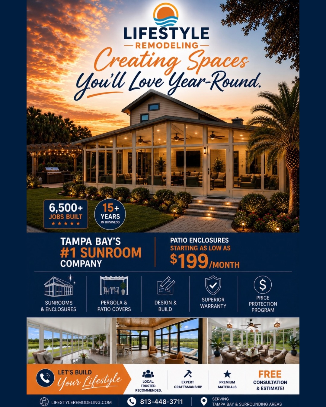 ☀️ Your dream space is closer than you think.
From stunning sunrooms and Patio Enclosures to custom Pergolas and Patio Covers, Lifestyle Remodeling helps Florida homeowners create beautiful spaces they can enjoy year-round. With over 15 years in business and 6,500+ projects completed, we’re proud to be Tampa Bay’s trusted choice for outdoor living transformations.
✨ Free Consultation & Estimate
📞 813-448-3711
🌐 Lifestyle Remodeling
Ready to fall in love with your home all over again? Contact us today and let’s build your lifestyle. 🏡
-
-
-
#SunroomGoals
#FloridaLiving
#PatioEnclosure
#HomeRemodeling
#OutdoorLiving