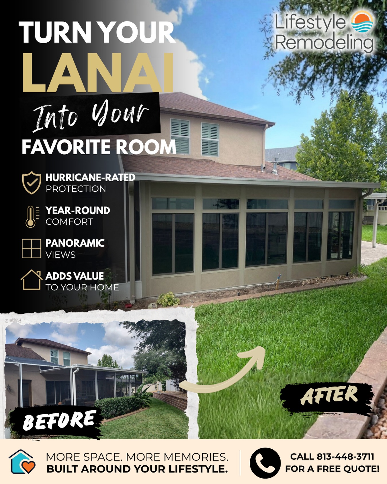 ✨ Turn your lanai into the room you’ll never want to leave. ☀️🏡

Whether you’re looking for more living space, year-round comfort, or a better way to enjoy your backyard, a custom Sunroom can completely transform the way you use your home.

📞 Ready to bring your vision to life? Call 813-448-3711 today for your FREE in-home estimate!
-
-
-
#FloridaHomes
#SunroomLiving
#LanaiConversion
#HomeRemodel
#LifestyleRemodeling